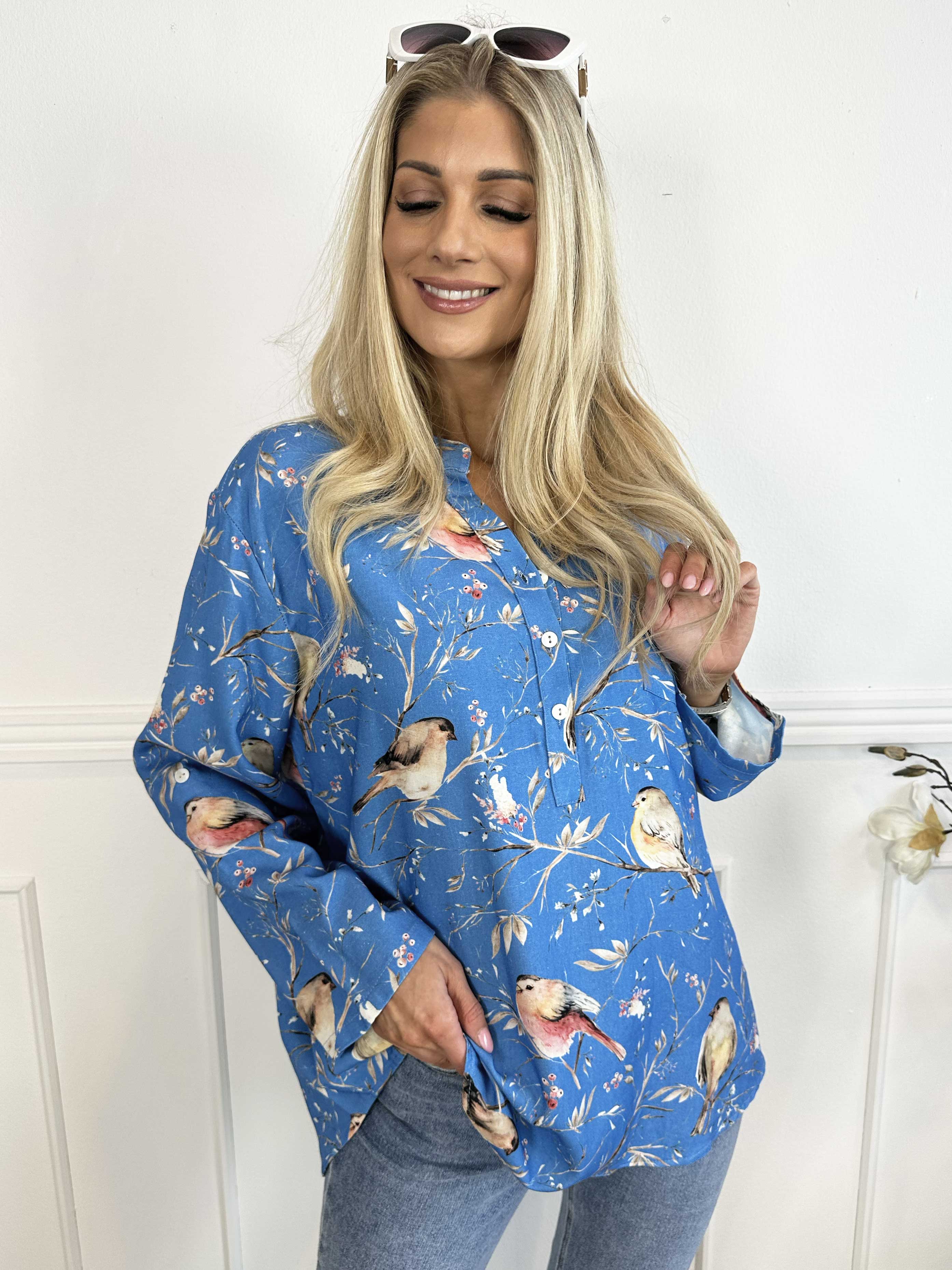 Carmen - Skjorta med fåglar av linne och bomull